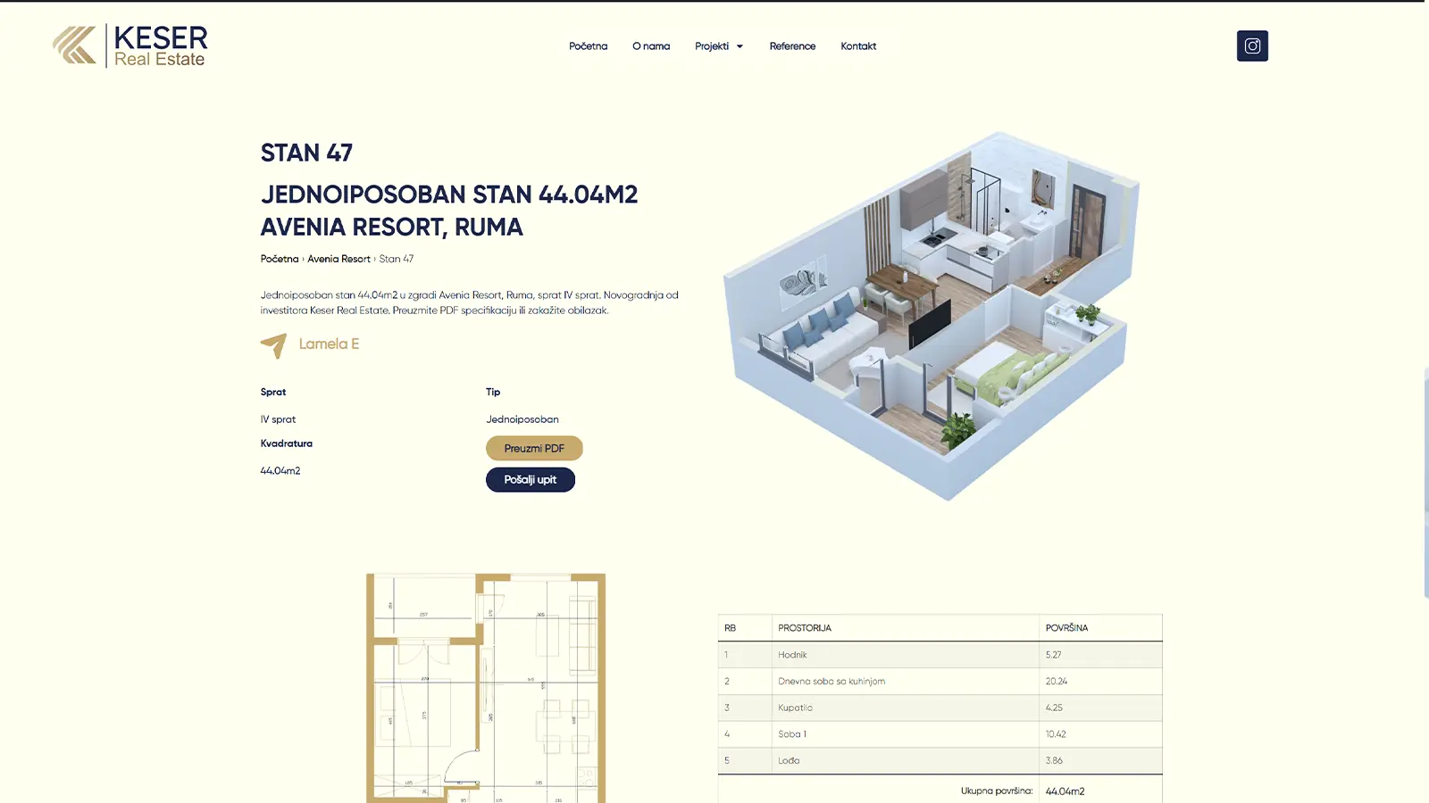 Keser Real Estate - detalj jedinice sa 3D tlocrtom i preuzimanjem PDF specifikacije